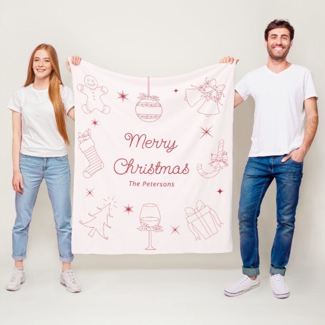 Cute Fun Pink Red Hand Drawn Christmas Fleece Blanket (In Situ)