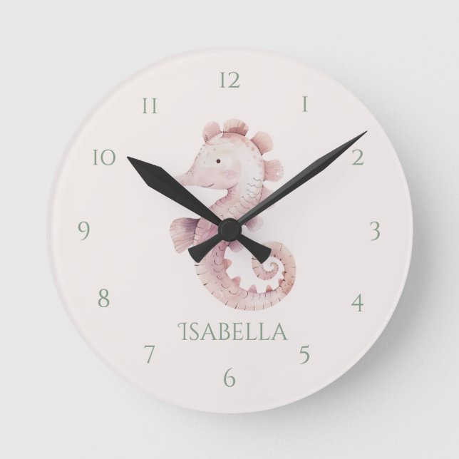 Cute fun Pink Seahorse Child's Wall Clock (Front)