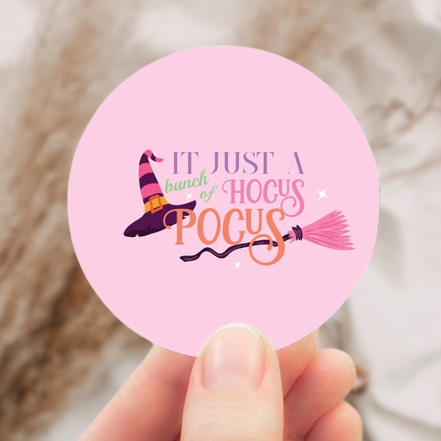 Cute Fun Pink Witch Hocus Pocus Halloween Hat  Classic Round Sticker (Cute Fun Pink Witch Hocus Pocus Halloween Hat Classic Round Sticker)