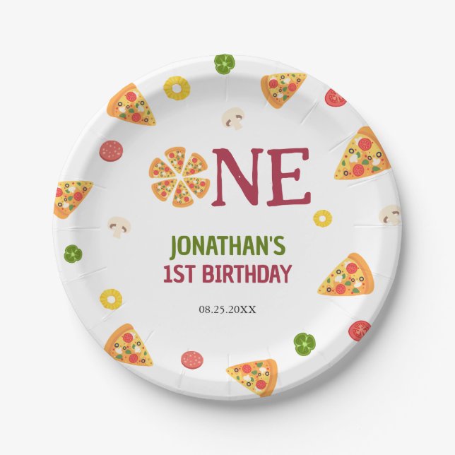 Cute Fun Pizza Party Kids 1st Birthday Paper Plate (Front)