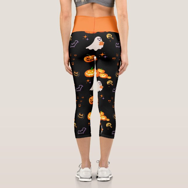 Cute Fun Pumpkin ghost bat Witch Halloween Party Capri Leggings (Back)
