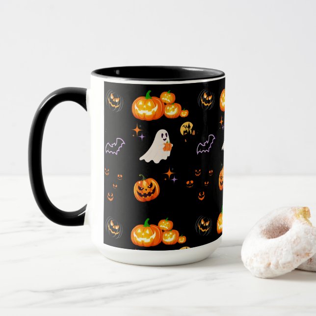Cute Fun Pumpkin ghost bat Witch Halloween Party Mug (With Donut)