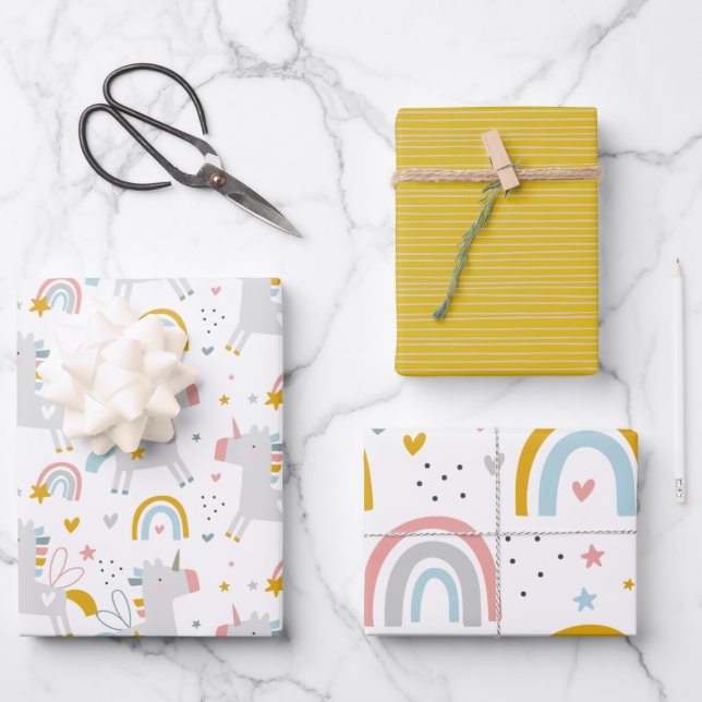 Cute Fun Rainbow Unicorn Pattern Wrapping Paper Sheet (Front)