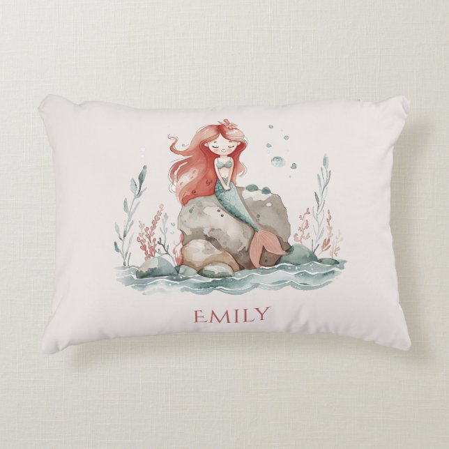 Cute fun Red Haired Mermaid Child's Decorative Cushion (Front)