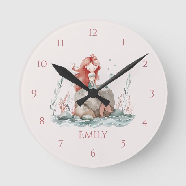 Cute fun Red Haired Mermaid Child's Wall Clock (Front)