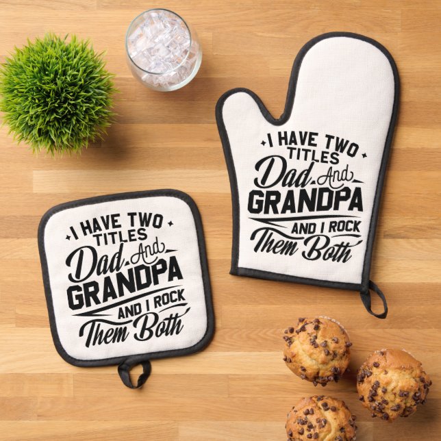 Cute Fun Retro Typography Dad Grandpa Gift Oven Mitt & Pot Holder Set (Top Down)