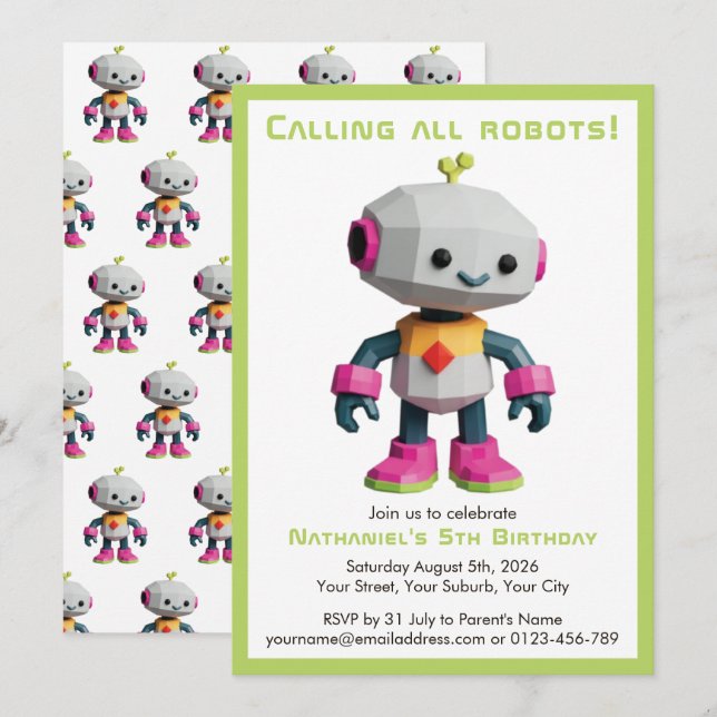Cute Fun Robot Kid's Birthday Invitation (Front/Back)