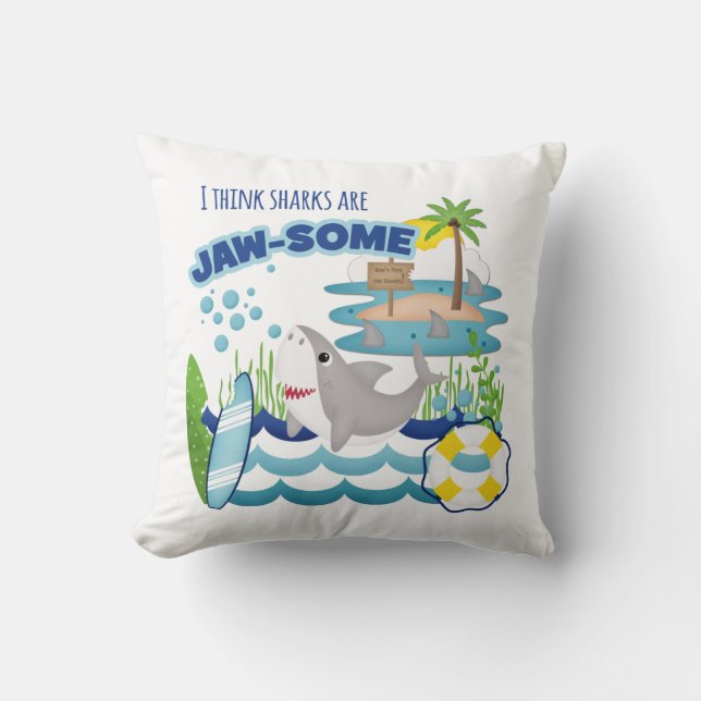 Cute Fun Shark Surfer Beach Island Cushion (Front)