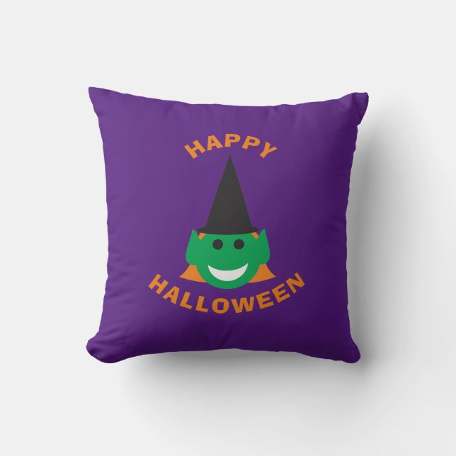 Cute Fun Smiling Happy Witch Halloween Cartoon Cushion (Front)