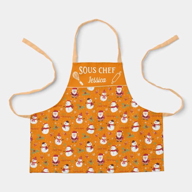 Cute fun snowman Santa Claus Christmas family Apron (Front)