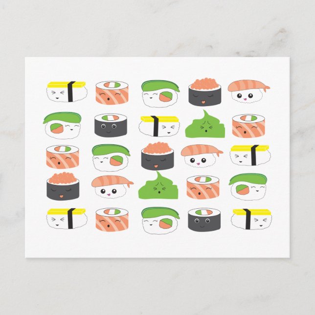Cute fun Sushi Illustration Pattern design Custom Postcard (Front)