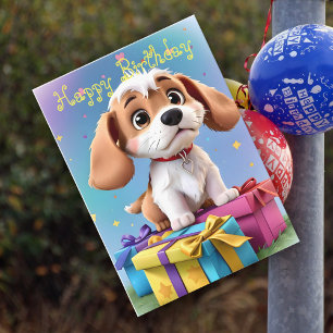 Cute fun Tan & White Puppy with Gifts Birthday Card