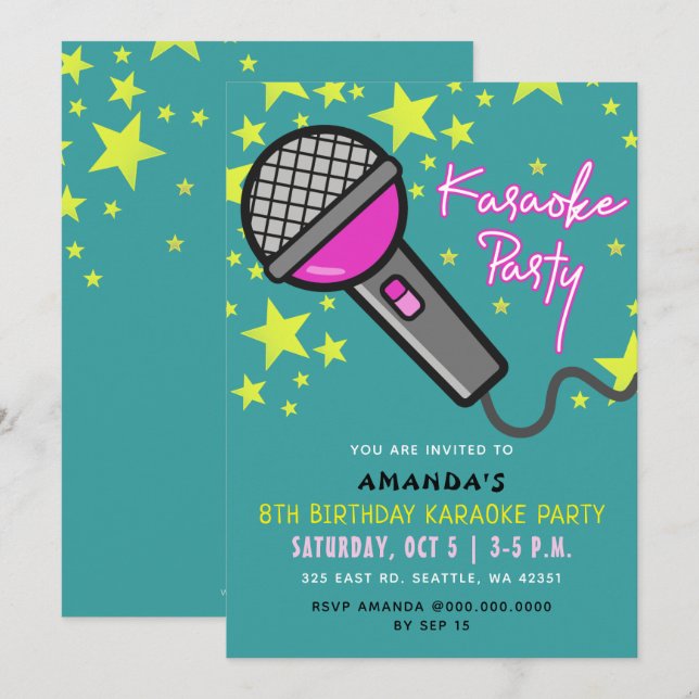 Cute Fun Teal Pink Kids Birthday Karaoke Party  Invitation (Front/Back)