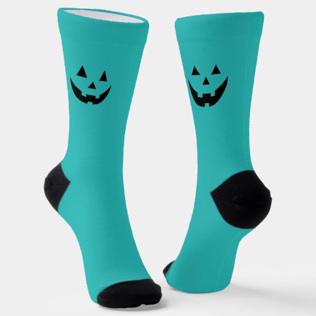 Cute fun teal pumpkin jack o lantern Halloween Socks (Angled)