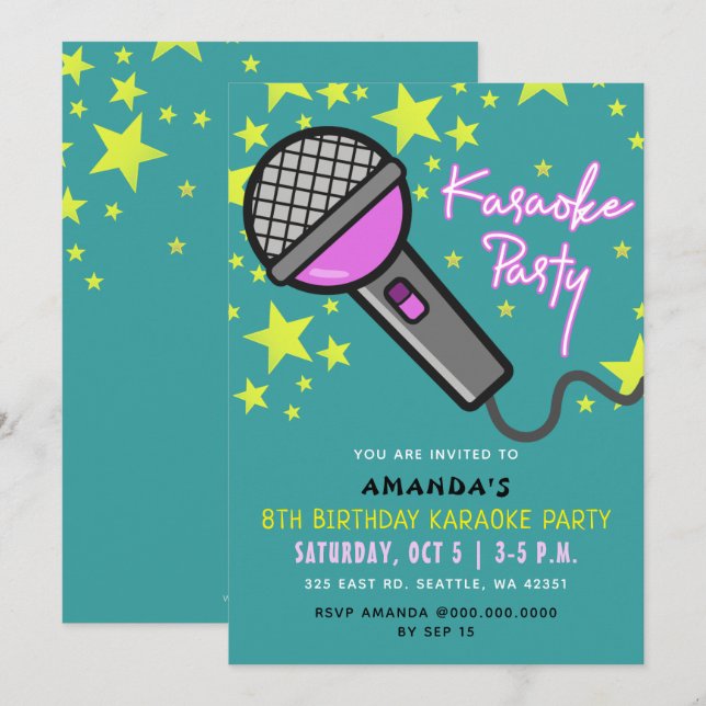 Cute Fun Teal Purple Kids Birthday Karaoke Party Invitation (Front/Back)