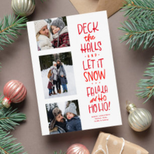 Cute fun three photo red white Christmas Holiday Card