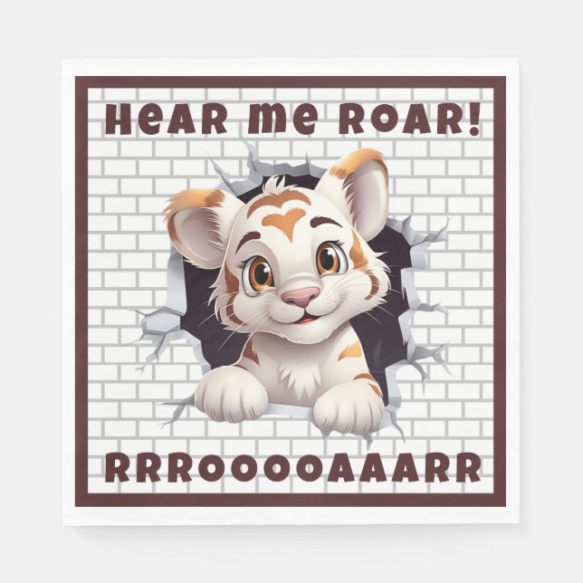 Cute Fun Tiger Cub Peeking Out Custom Dark Brown Napkin (Front)
