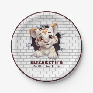 Cute Fun Tiger Cub Peeking Out Dark Brown Party Paper Plate