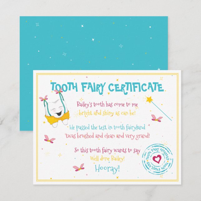 Cute Fun Tooth Fairy Certificate Blue Colour Pop  Card (Front/Back)