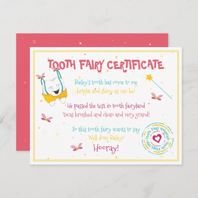 Cute Fun Tooth Fairy Certificate Peach Colour Pop Card (Front/Back)