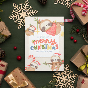Cute Fun Trendy Merry Christmas Sloths Holiday Card