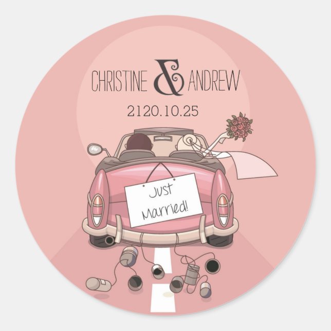 Cute Fun Typography "Just Married!" Personalised Classic Round Sticker (Front)