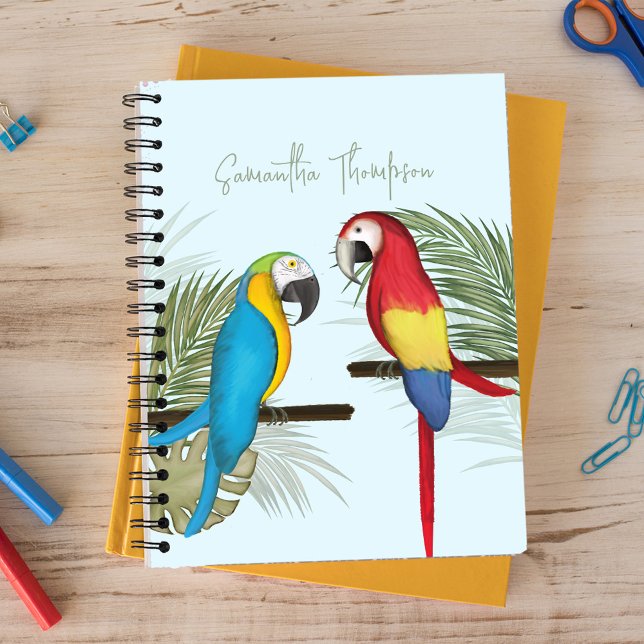 Cute Fun Typography Tropical Personalised Notebook (Colorful Whimsical watercolor perky parrots notebook.)