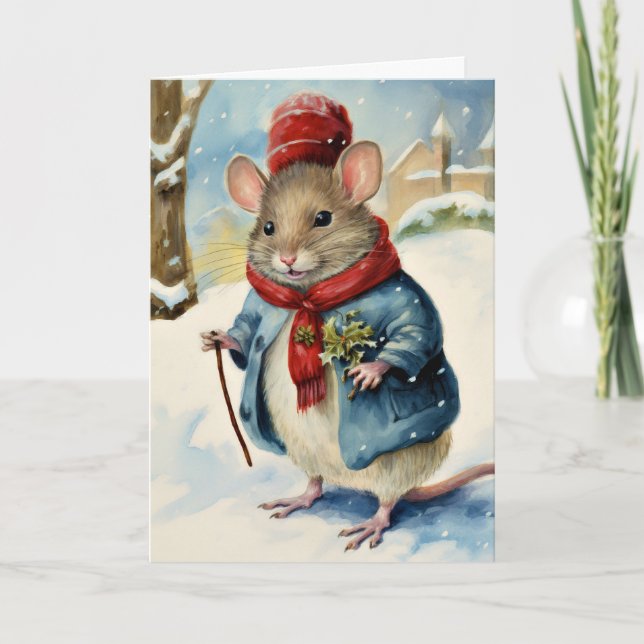 Cute Fun Watercolor Christmas Mouse  Holiday Card (Front)