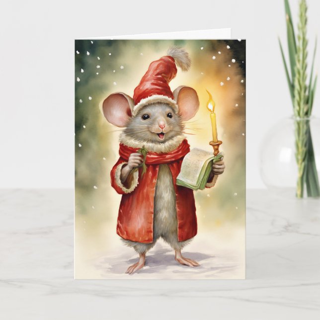 Cute Fun Watercolor Christmas Mouse  Holiday Card (Front)