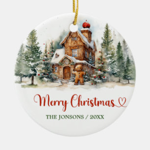 Cute fun watercolor gingerbread winter forest ceramic tree decoration