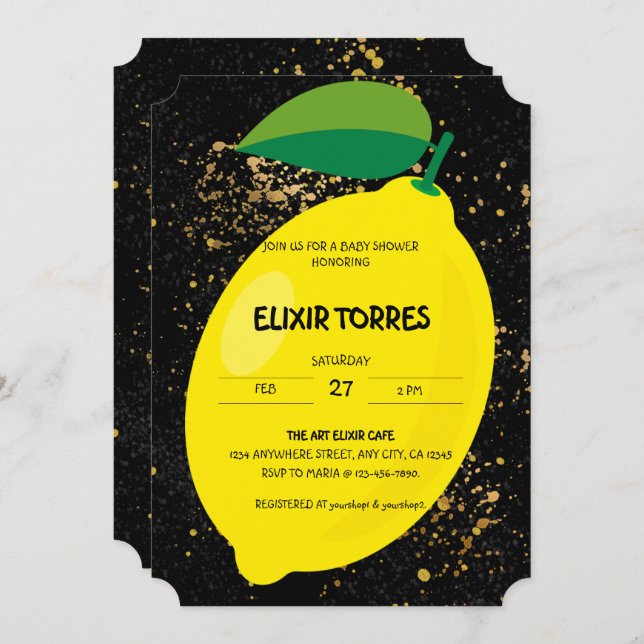 Cute Fun Yellow Lemon Gold Glitters Baby Shower Invitation (Front/Back)