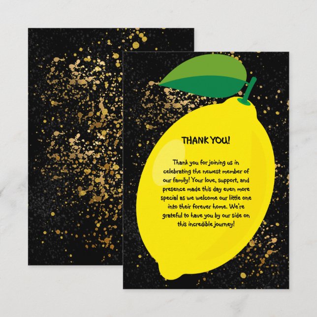 Cute Fun Yellow Lemon Gold Glitters Baby Shower Thank You Card (Front/Back)