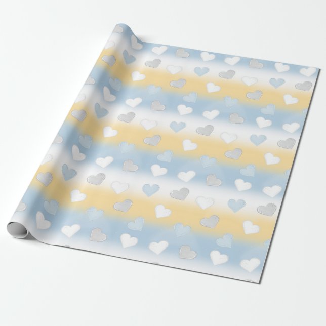 Cute Fun Yellow, White and Blue Heart Patterned  Wrapping Paper (Unrolled)