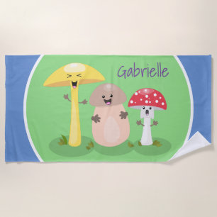 Cute fungi mushrooms and toadstools cartoon beach towel