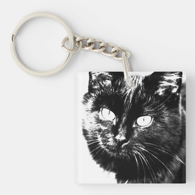 Cute Funky Black Cat Kitten Eyes Sketch Key Ring (Front)
