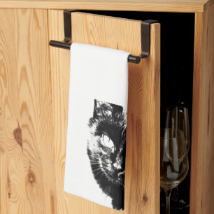 Cute Funky Black Cat Kitten Eyes Sketch Tea Towel