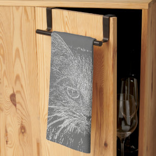 Cute Funky Cat Kitten Eyes Face Sketch Tea Towel