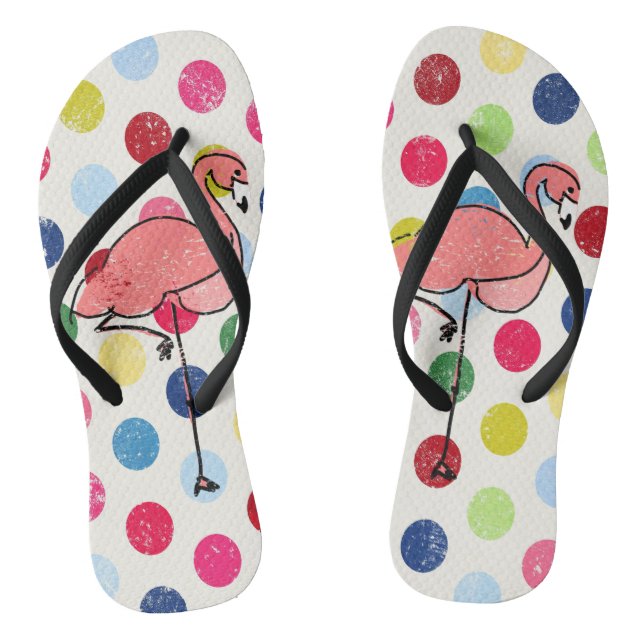Cute Funky Flamingos Colourful Polka Dots Flip Flops (Footbed)