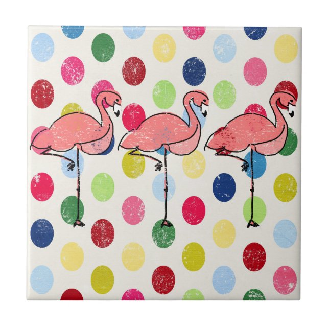 Cute Funky Flamingos Colourful Polka Dots Tile (Front)