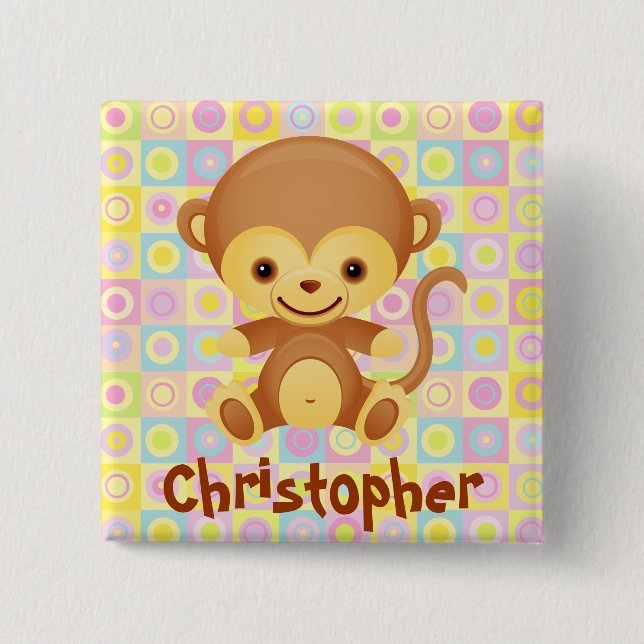 Cute Funky Pattern Monkey Party Name 15 Cm Square Badge (Front)