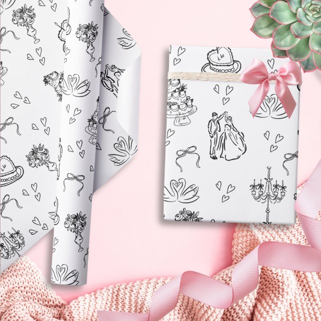 Cute Funky Whimsical Hand Drawn Wedding  Wrapping Paper (Creator Uploaded)