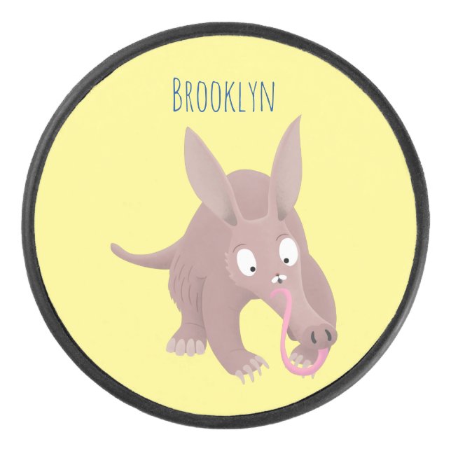 Cute funny aardvark cartoon hockey puck (Front)