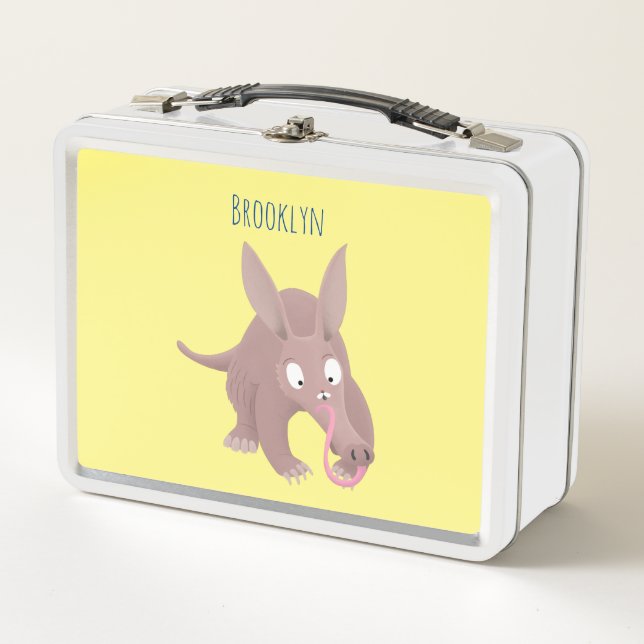 Cute funny aardvark cartoon metal lunch box (Front)