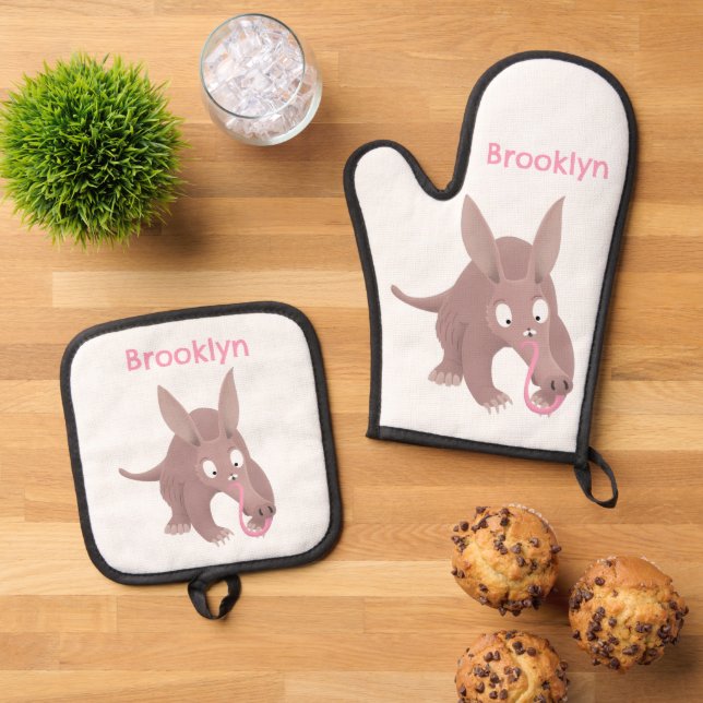 Cute funny aardvark cartoon oven mitt & pot holder set (Top Down)