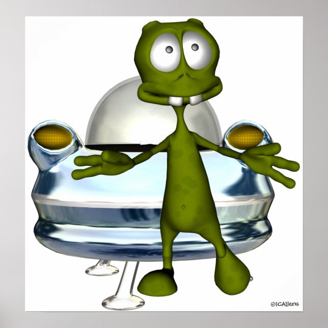 Cute funny alien and spacecraft 1A Poster (Front)