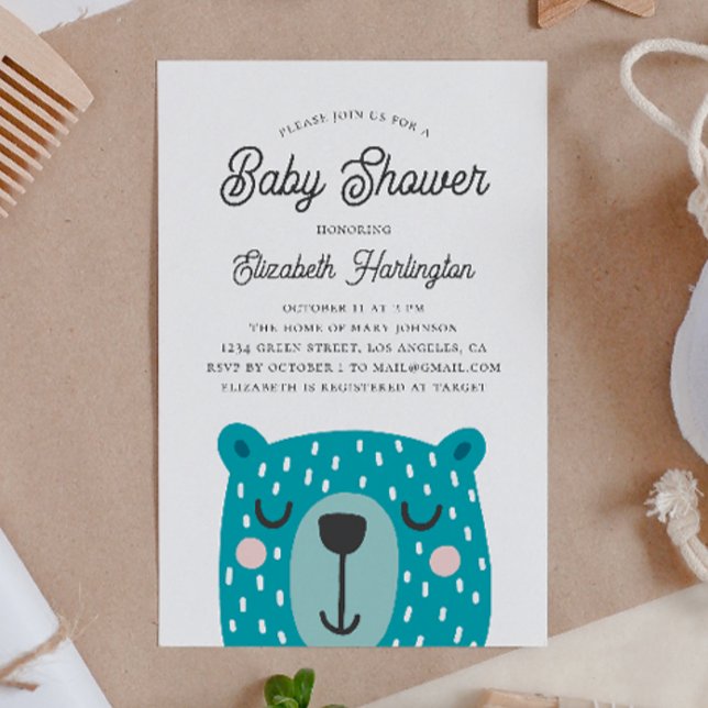Cute funny animal for boy. Blue bear baby shower Invitation (Creator Uploaded)