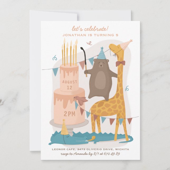 Cute funny animals: bear giraffe. Kids birthday Invitation (Front)