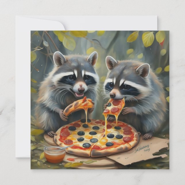 Cute funny animals eating a pizza funny gift ideas invitation (Front)