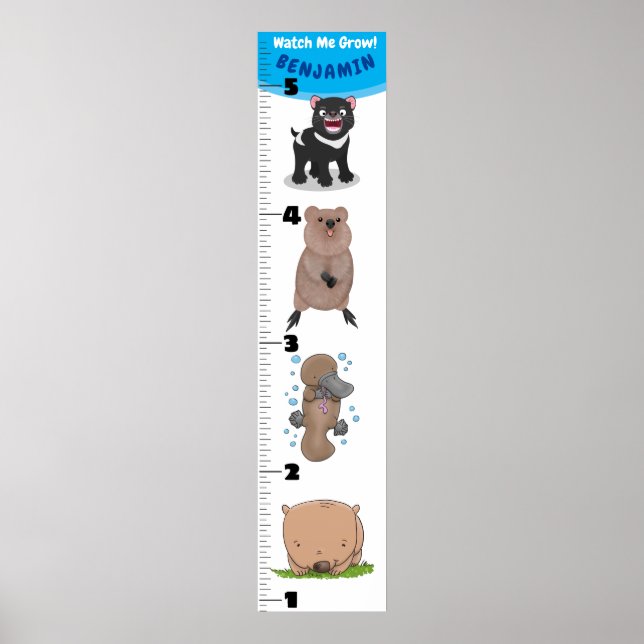 Cute funny Australian animals cartoon growth chart (Front)