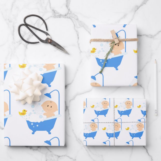 Cute & Funny Baby Shower Bath Tub Yellow Duckie Wrapping Paper Sheet (Front)
